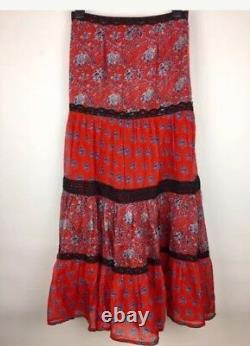 58. NWT Anthropologie Carolina K red Silk Tiered Ruffle Black Lace Maxi Skirt L