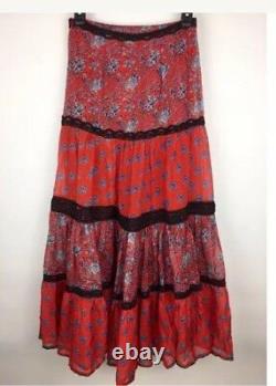58. NWT Anthropologie Carolina K red Silk Tiered Ruffle Black Lace Maxi Skirt L