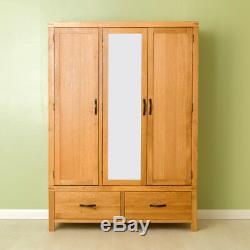 Abbey Waxed Oak Triple Wardrobe with Drawers & Mirror Large Solid Wood Bedroom