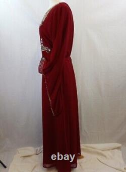 Beaded Full Length Red Dress with Long Sleeves UK Size L