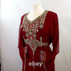 Beaded Full Length Red Dress with Long Sleeves UK Size L