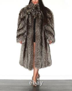 Beautiful Full Length Real Silver Fox Fur Coat Genuine Indigo Long Jacket Size L