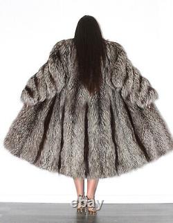 Beautiful Full Length Real Silver Fox Fur Coat Genuine Indigo Long Jacket Size L