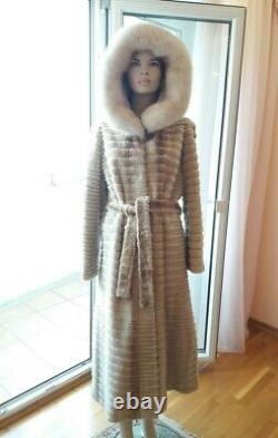 Beaver Fur Coat Belt Hood Arctic Fox Fur Long Coat Full Length Real Fur SIZE L