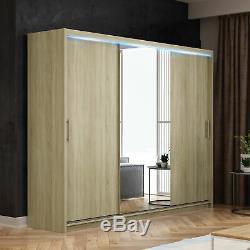Big Wardrobe Sliding Doors Shelves Rail Mirror LED Large 5 Colours Closet 250cm