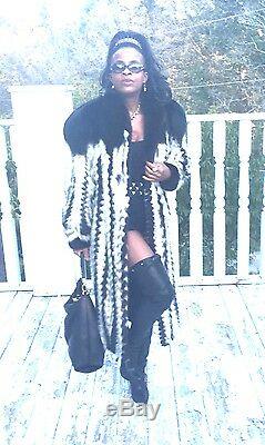 Designer Full Length beige white black Mink & Fox Fur Coat Stroller Jacket S-M