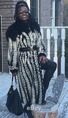 Designer Full Length beige white black Mink & Fox Fur Coat Stroller Jacket S-M