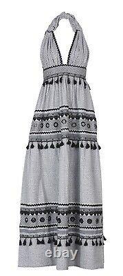 Dodo Bar Or Black & White Halterneck Cotton Maxi Dress With Tassel Fringe Trim L