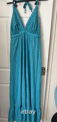 Event Dress EMBROIDERED CROCHET Halter Neck TEAL Hand Made Exquisit Heavy Fabric