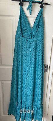 Event Dress EMBROIDERED CROCHET Halter Neck TEAL Hand Made Exquisit Heavy Fabric