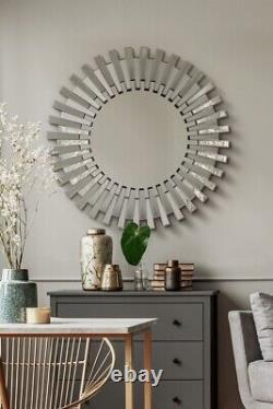 Extra Large Round Silver All Glass Starburst Wall Mirror Modern 3Ft 91cm