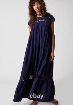 FREE PEOPLE Cutwork Dress Midnight Blue UK L Summer Boho Open Back RRP £188