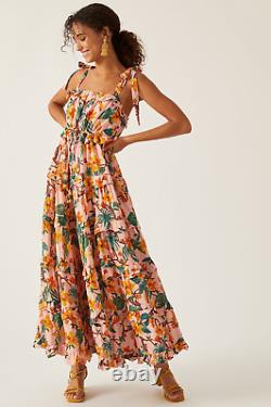 Farm Rio @ Anthropologie Pink Floral Tiered Maxi Dress Size L Boho RRP £220