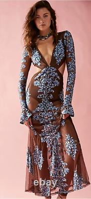 For Love & Lemons Temecula Cut Out Brown/Blue Embroidered Maxi Dress L