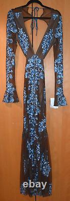 For Love & Lemons Temecula Cut Out Brown/Blue Embroidered Maxi Dress L