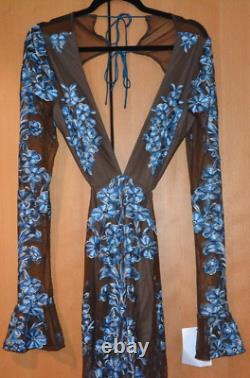 For Love & Lemons Temecula Cut Out Brown/Blue Embroidered Maxi Dress L