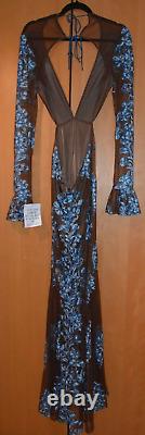 For Love & Lemons Temecula Cut Out Brown/Blue Embroidered Maxi Dress L