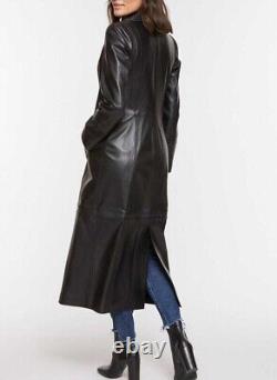 Full Length Black Real Leather Long Trench Coat for Women Casual