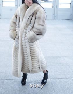 Full Length Blue Fox Fur Coat Chevron Pattern Plush and Soft