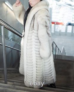 Full Length Blue Fox Fur Coat Chevron Pattern Plush and Soft