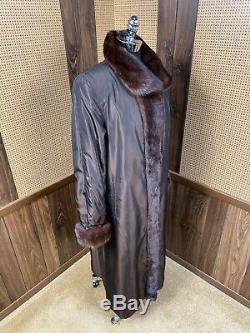 Full Length Brown Sheared & Long Haired Mink Reversible Taffeta Fur Coat Large