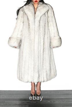 Full Length Real Blue Shadow Arctic White Saga Fox Fur Coat Long Jacket Size L