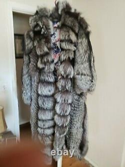 Full length silver fox fur coat with hood