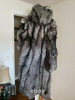 Full length silver fox fur coat with hood