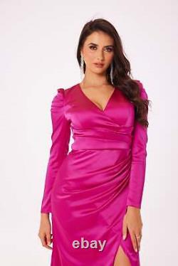 Fuschia Long Sleeve Side Slit Maxi Dress