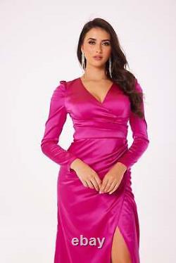 Fuschia Long Sleeve Side Slit Maxi Dress