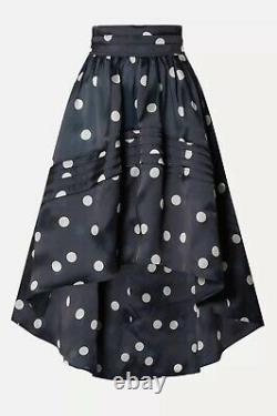 Ganni Navy Silk Midi Polka-Dot Skirt With Asymmetric Hemline. EU36/UK10