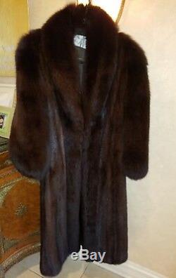Genuine Mahogany Mink Fur Coat Full Length Long Hair Fox Collar & Sleeves 12 Lrg