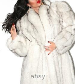 Genuine Real Arctic White Blue Shadow Full Length Saga Fox Fur Coat Jacket L XL