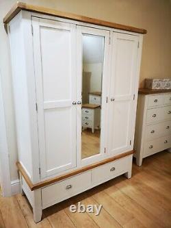 Hartwell White Painted Large 3 Door Wardrobe / Triple Mirrored Robe with Drawers