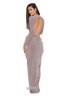 House of CB Villera Taupe Drape Plunge Backless Thigh Split Maxi Dress NEW L 12