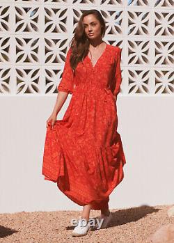 JAASE L/14-16 UK (CH 57cm) Fabulous RED Buttoned Belted Floral FLARED MAXI Dress