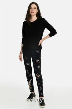 Johnny Was Cyllene Black Galaxy Stars Leggings Cotton Flowers Embroidery L NEW