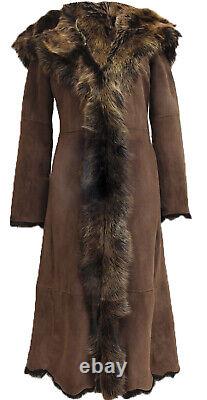 Ladies Brown Full Length Sheepskin Coat Hooded Toscana Shearling Merino Leather