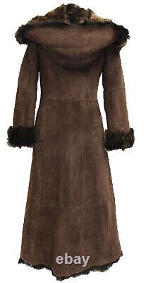 Ladies Brown Full Length Sheepskin Coat Hooded Toscana Shearling Merino Leather