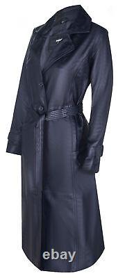 Ladies Leather TRENCH Coat Black Full-Length Classic Winter Overcoat Jacket