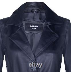 Ladies Leather TRENCH Coat Black Full-Length Classic Winter Overcoat Jacket