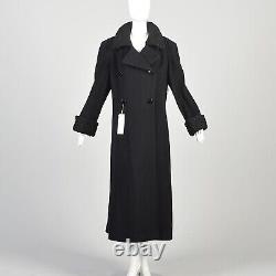 Large 1980s Black Wool Cashmere Coat Fur Trim Full Length Heavy Winter Overcoat