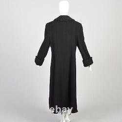 Large 1980s Black Wool Cashmere Coat Fur Trim Full Length Heavy Winter Overcoat