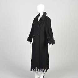 Large 1980s Black Wool Cashmere Coat Fur Trim Full Length Heavy Winter Overcoat