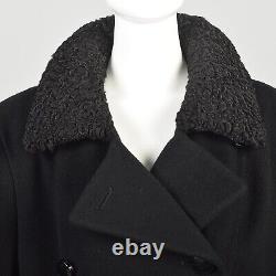 Large 1980s Black Wool Cashmere Coat Fur Trim Full Length Heavy Winter Overcoat