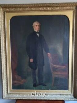 Large Antique 19th C Oil On Canvas Full Length Portrait Gentleman in black