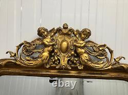 Large Antique French Style Cherub Distressed Gold Full Length Leaning Mirror