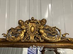 Large Antique French Style Cherub Distressed Gold Full Length Leaning Mirror