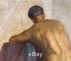Large Early 20th Century Full Length Nude Male Study Portrait Antique Painting
