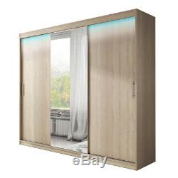 Large Wardrobe Shelves 5 Colours Sliding Door Mirror LED Rail Closet 250 cm NEW